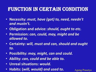 Function in Certain ConditionNecessity: must, have (got) to, need, needn't and mustn't.Obligation and advice: should, ought to etc. Permission: can, could, may, might and be allowed to.Certainty: will, must and can, should and ought to.Possibility: may, might, can and could.Ability: can, could and be able to.Unreal situations: would.Habits: (will, would) and used to.AgungPrasetyo