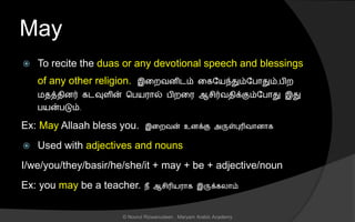 May
 To recite the duas or any devotional speech and blessings
of any other religion. இனறவைிடம் னகலயந்தும்லபொதும்,பிற
மைத்ைிைர் கடவுைின் சபயரொல் பிறனர ஆ ிர்வைிக்கும்லபொது இது
பயன்படும்.
Ex: May Allaah bless you. இனறவன் உைக்கு அருள்புரிவொைொக
 Used with adjectives and nouns
I/we/you/they/basir/he/she/it + may + be + adjective/noun
Ex: you may be a teacher. நீ ஆ ிரியரொக இருக்கலொம்
© Noorul Rizwanudeen , Maryam Arabic Academy
 