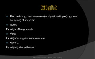  Past verb(கடந்ை கொல வினைச ொல்) and past participle(கடந்ை கொல
சபயசரச் ம்) of ‘may’verb.
 Noun:
Ex: might-Strength(பலம்)
 Verb:
Ex: mighty-பலமுள்ை,வல்லனமயுள்ை
 Adverb:
Ex: mightly-மிக அைிகமொக
© Noorul Rizwanudeen , Maryam Arabic Academy
 