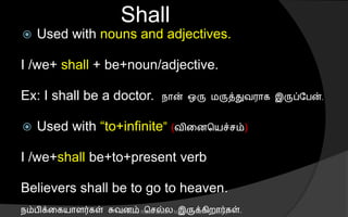 Shall
 Used with nouns and adjectives.
I /we+ shall + be+noun/adjective.
Ex: I shall be a doctor. நொன் ஒரு மருத்துவரொக இருப்லபன்.
 Used with “to+infinite” (வினைசயச் ம்)
I /we+shall be+to+present verb
Believers shall be to go to heaven.
நம்பிக்னகயொைர்கள் சுவைம் ச ல்ல இருக்கிறொர்கள்.© Noorul Rizwanudeen , Maryam Arabic Academy
 