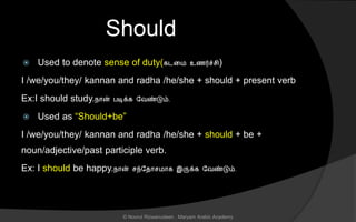 Should
 Used to denote sense of duty(கடனம உைர்ச் ி)
I /we/you/they/ kannan and radha /he/she + should + present verb
Ex:I should study.நொன் படிக்க லவண்டும்.
 Used as “Should+be”
I /we/you/they/ kannan and radha /he/she + should + be +
noun/adjective/past participle verb.
Ex: I should be happy.நொன் ந்லைொ மொக இருக்க லவண்டும்.
© Noorul Rizwanudeen , Maryam Arabic Academy
 