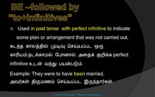  Used in past tense with perfect infinitive to indicate
some plan or arrangement that was not carried out.
கடந்ை கொலத்ைில் முடிவு ச ய்யப்பட ஒரு
கொரியம்,நடக்கொமல் லபொைொல் அனைக் குறிக்க perfect
infinitive உடன் வந்து பயன்படும்.
Example: They were to have been married.
அவர்கள் ைிருமைம் ச ய்யப்பட இருந்ைொர்கள்.
© Noorul Rizwanudeen , Maryam Arabic Academy
 