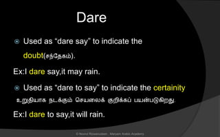 Dare
 Used as “dare say” to indicate the
doubt( ந்லைகம்).
Ex:I dare say,it may rain.
 Used as “dare to say” to indicate the certainity
உறுைியொக நடக்கும் ச யனலக் குறிக்கப் பயன்படுகிறது.
Ex:I dare to say,it will rain.
© Noorul Rizwanudeen , Maryam Arabic Academy
 