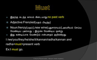  இைற்கு கடந்ை கொலம் கினடயொது.no past verb
 Adjective:Frenzied(மைம் பிடித்ை)
 Noun:frenzy(மைம்),new wine(புது ொரொயம்),அவ ியம் ச ய்ய
லவண்டிய (அல்லது ) இருக்க லவண்டிய ஒன்று.
 இது கண்டிப்பொக லவண்டும் என்பனைக் குறிக்கிறது.
I /we/you/they/he/she/it/kannan/radha/kannan and
radha+must+present verb
Ex:I must go.
© Noorul Rizwanudeen , Maryam Arabic Academy
 