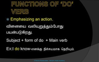  Emphasizing an action.
வினைனய வலியுறுத்தும்லபொது
பயன்படுகிறது.
Subject + form of do + Main verb
EX:I do know-எைக்கு நிச் யமொக சைரியும்.
© Noorul Rizwanudeen , Maryam Arabic Academy
 