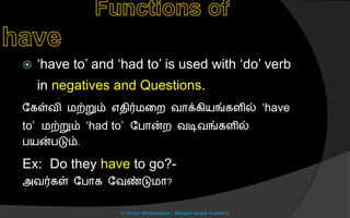  ‘have to’ and ‘had to’ is used with ‘do’ verb
in negatives and Questions.
லகள்வி மற்றும் எைிர்மனற வொக்கியங்கைில் ‘have
to’ மற்றும் ‘had to’ லபொன்ற வடிவங்கைில்
பயன்படும்.
Ex: Do they have to go?-
அவர்கள் லபொக லவண்டுமொ?
© Noorul Rizwanudeen , Maryam Arabic Academy
 