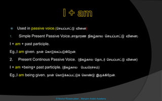  Used in passive voice.(ச யப்பொட்டு வினை)
1. Simple Present Passive Voice.( ொைொரை நிகழ்கொல ச யப்பொட்டு வினை)
I + am + past participle.
Eg.,I am given. நொன் சகொடுக்கப்படுகிலறன்.
2. Present Continous Passive Voice. (நிகழ்கொல சைொடர் ச யப்பொட்டு வினை)
I + am +being+ past participle. (நிகழ்கொல சபயசரச் ம்)
Eg.,I am being given. நொன் சகொடுக்கப்பட்டுக் சகொண்டு இருக்கிலறன்.
© Noorul Rizwanudeen , Maryam Arabic Academy
 