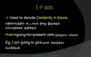  Used to denote Certainity in future.
எைிர்கொலத்ைில் கட்டொயம் நிகை இருக்கும்
ம்பவத்னைக் குறிக்கும்.
I+am+going+to+present verb.(நிகழ்கொல வினை)
Eg.,I am going to give.நொன் சகொடுக்கப்
லபொகிலறன்.
© Noorul Rizwanudeen , Maryam Arabic Academy
 