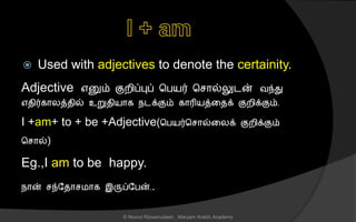  Used with adjectives to denote the certainity.
Adjective எனும் குறிப்புப் சபயர் ச ொல்லுடன் வந்து
எைிர்கொலத்ைில் உறுைியொக நடக்கும் கொரியத்னைக் குறிக்கும்.
I +am+ to + be +Adjective(சபயர்ச ொல்னலக் குறிக்கும்
ச ொல்)
Eg.,I am to be happy.
நொன் ந்லைொ மொக இருப்லபன்..
© Noorul Rizwanudeen , Maryam Arabic Academy
 