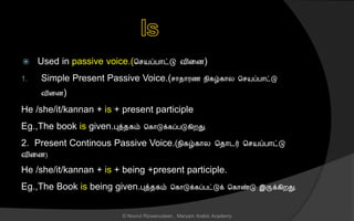  Used in passive voice.(ச யப்பொட்டு வினை)
1. Simple Present Passive Voice.( ொைொரை நிகழ்கொல ச யப்பொட்டு
வினை)
He /she/it/kannan + is + present participle
Eg.,The book is given.புத்ைகம் சகொடுக்கப்படுகிறது.
2. Present Continous Passive Voice.(நிகழ்கொல சைொடர் ச யப்பொட்டு
வினை)
He /she/it/kannan + is + being +present participle.
Eg.,The Book is being given.புத்ைகம் சகொடுக்கப்பட்டுக் சகொண்டு இருக்கிறது.
© Noorul Rizwanudeen , Maryam Arabic Academy
 