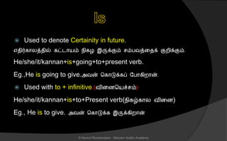  Used to denote Certainity in future.
எைிர்கொலத்ைில் கட்டொயம் நிகை இருக்கும் ம்பவத்னைக் குறிக்கும்.
He/she/it/kannan+is+going+to+present verb.
Eg.,He is going to give.அவன் சகொடுக்கப் லபொகிறொன்.
 Used with to + infinitive.(வினைசயச் ம்)
He/she/it/kannan+is+to+Present verb(நிகழ்கொல வினை)
Eg., He is to give. அவன் சகொடுக்க இருக்கிறொன்
© Noorul Rizwanudeen , Maryam Arabic Academy
 