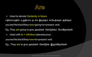  Used to denote Certainity in future.
எைிர்கொலத்ைில் உறுைியொக நடக்க இருக்கும் கொரியத்னைக் குறிக்கும்.
you/we/He/she/it/they+are+going+to+present verb.
Eg.,They are going to give.அவர்கள் சகொடுக்கப் லபொகிறொர்கள்.
 Used with to + infinitive.(வினைசயச் ம்)
you/we/He/she/it/they+are+to+present verb
Eg., They are to give.அவர்கள் சகொடுக்க இருக்கிறொர்கள்.
© Noorul Rizwanudeen , Maryam Arabic Academy
 