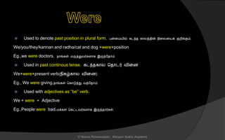  Used to denote past position in plural form. பன்னமயில் கடந்ை கொலத்ைின் நினலனயக் குறிக்கும்.
We/you/they/kannan and radha/cat and dog +were+position
Eg.,we were doctors. நொங்கள் மருத்துவர்கைொக இருந்லைொம்.
 Used in past continous tense. கடந்ைகொல சைொடர் வினை
We+were+present verb(நிகழ்கொல வினை)
Eg., We were giving.நொங்கள் சகொடுத்து வந்லைொம்.
 Used with adjectives as “be” verb.
We + were + Adjective
Eg.,People were bad.மக்கள் சகட்டவர்கைொக இருந்ைொர்கள்.
© Noorul Rizwanudeen , Maryam Arabic Academy
 