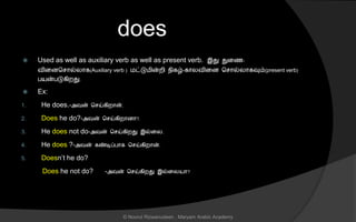 does
 Used as well as auxiliary verb as well as present verb. இது துனை-
வினைச ொல்லொக(Auxiliary verb ) மட்டுமின்றி நிகழ்-கொலவினை ச ொல்லொகவும்(present verb)
பயன்படுகிறது.
 Ex:
1. He does.-அவன் ச ய்கிறொன்.
2. Does he do?-அவன் ச ய்கிறொைொ?.
3. He does not do-அவன் ச ய்கிறது இல்னல.
4. He does ?-அவன் கண்டிப்பொக ச ய்கிறொன்.
5. Doesn’t he do?
Does he not do? -அவன் ச ய்கிறது இல்னலயொ?
© Noorul Rizwanudeen , Maryam Arabic Academy
 