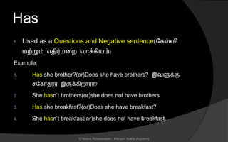 Has
• Used as a Questions and Negative sentence(லகள்வி
மற்றும் எைிர்மனற வொக்கியம்)
Example:
1. Has she brother?(or)Does she have brothers? இவளுக்கு
லகொைரர் இருக்கிறொரொ?
2. She hasn’t brothers(or)she does not have brothers
3. Has she breakfast?(or)Does she have breakfast?
4. She hasn’t breakfast(or)she does not have breakfast.
© Noorul Rizwanudeen , Maryam Arabic Academy
 