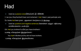 Had
 Used as a passive voice(ச யப்பொட்டு வினை)
I / we /you /they/he/she/it/ basir and mohamed + had +been+ past participle verb.
Ex: books had been given. புத்ைகங்கள் சகொடுக்கப்பட்டு இருந்ைது.
 Used as questions and negative sentences.லகள்விகள் மற்றும் எைிர்மனற
வொக்கியங்கைொக பயன்படும்.
EX: Had you brothers?(or)Did you have brothers?
உைக்கு லகொைரர்கள் இருந்ைொர்கைொ?
You hadn’t Brother.(or)You did not have brothers.
உைக்கு லகொைரர்கள் இருக்கவில்னல
© Noorul Rizwanudeen , Maryam Arabic Academy
 