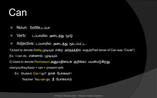 Can
 Noun: bottle,டப்பொ
 Verb: டப்பொவில் அனடத்து மூடு
 Adjective: டப்பொவில் அனடத்து மூடப்பட்ட,
1)Used to denote Ability.முடியும் என்ற அர்த்ைத்ைில் வரும்(Past tense of Can was “Could”)
Ex: I can do. என்ைொல் முடியும்.
2) Used to denote Permission.அனுமைினயக் குறிக்கப் பயன்படுகிறது.
i/we/you/they/basir + can + present verb
Ex: Student: Can I go? நொன் லபொகவொ?
Teacher: You can go. நீ லபொகலொம்
© Noorul Rizwanudeen , Maryam Arabic Academy
 