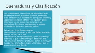 Una quemadura es una lesión en los tejidos del cuerpo
causada por el calor, sustancias químicas, electricidad,
el sol o radiación. Las escaldaduras por líquidos calientes y
vapor, los incendios en edificios y los líquidos y gases
inflamables son las causas más comunes de las
quemaduras. Otro tipo de quemadura es la causada
por inhalación de humo o partículas tóxicas.
Existen tres tipos de quemaduras:
-Quemaduras de primer grado, que dañan solamente
la capa externa de la piel
-Quemaduras de segundo grado, que dañan la capa
externa y la que se encuentra por debajo de ella
-Quemaduras de tercer grado, que dañan o destruyen
la capa más profunda de la piel y los tejidos que se
encuentran debajo de ella
 