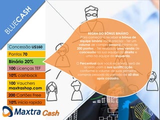 Pontos 70
Concessão U$160
Binário 20%
10% início rapido
100 Licenças TEF
200 Cartões Free
100 Vauchers
maxtrashop.com
10% cashback
Cash
REGRA DO BÔNUS BINÁRIO
Para começar a receber o bônus de
equipe binária você precisa: - Ter um
volume de compra pessoal mínima de
200 pontos. - Ter realizado uma venda de
concessão na sua equipe da direita e
uma na equipe da esquerda.
O Percentual que você receberá, será de
acordo com a sua qualificação
conforme o volume de suas primeiras
compras pessoais do período de 60 dias
após cadastro.
 