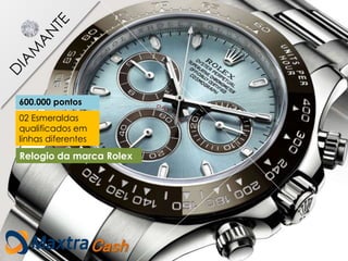 02 Esmeraldas
qualificados em
linhas diferentes
600.000 pontos
Cash
Relogio da marca Rolex
 