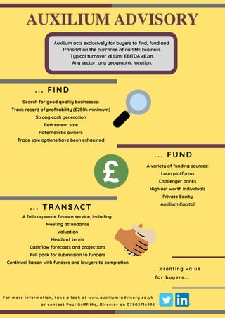 For more information, take a look at www.auxilium-advisory.co.uk
or contact Paul Griffiths, Director on 07802716996
...creating value
for buyers...
Auxilium acts exclusively for buyers to find, fund and
transact on the purchase of an SME business.
Typical turnover <£10m; EBITDA <£2m.
Any sector, any geographic location.
AUXILIUM ADVISORY
... FIND
Search for good quality businesses:
Track record of profitability (£250k minimum)
Strong cash generation
Retirement sale
Paternalistic owners
Trade sale options have been exhausted
... FUND
A variety of funding sources:
Loan platforms
Challenger banks
High net worth individuals
Private Equity
Auxilium Capital
... TRANSACT
A full corporate finance service, including:
Meeting attendance
Valuation
Heads of terms
Cashflow forecasts and projections
Full pack for submission to funders
Continual liaison with funders and lawyers to completion
 