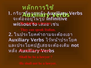 หลัก การใช้
1. กริย าที่ต ามหลัง Auxiliary Verbs
        Auxiliary Verbs
  จะต้อ งอยูใ นรูป infinitive
              ่
  without be เสมอ เช่
    - He shallto a lawyer. น
     - They can speak Italian.
2. ในประโยคคำา ถามจะต้อ งเอา
Auxiliary Verbs ไว้ห น้า ประโยค
และประโยคปฏิเ สธจะต้อ งเติม not
หลัง -Auxiliary lawyer.
      He shall be a Verbs
     -Shall he be a lawyer ?
     -He shall not be a lawyer.
 