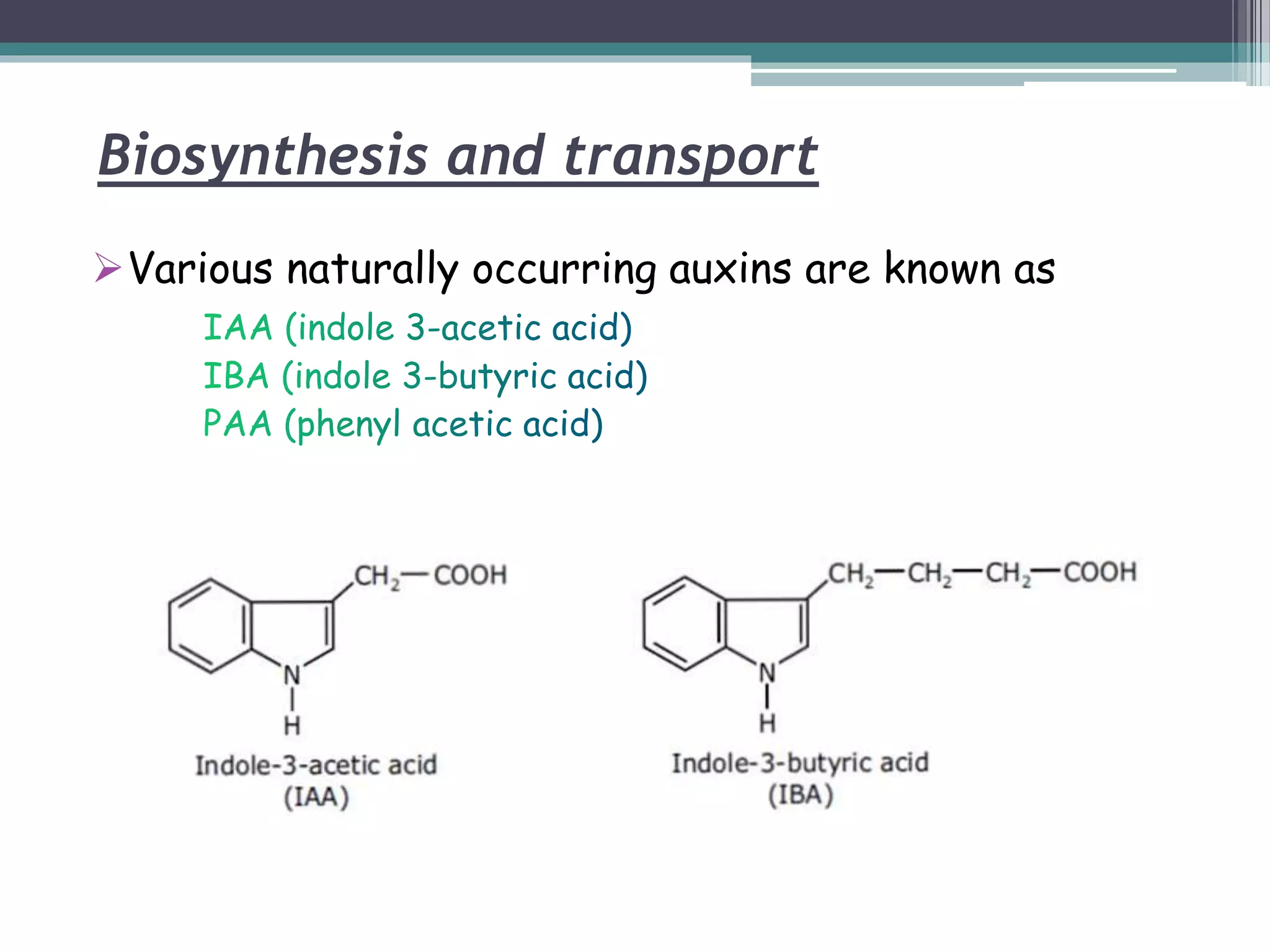Biosynthesis and transport
Various naturally occurring auxins are known as
 