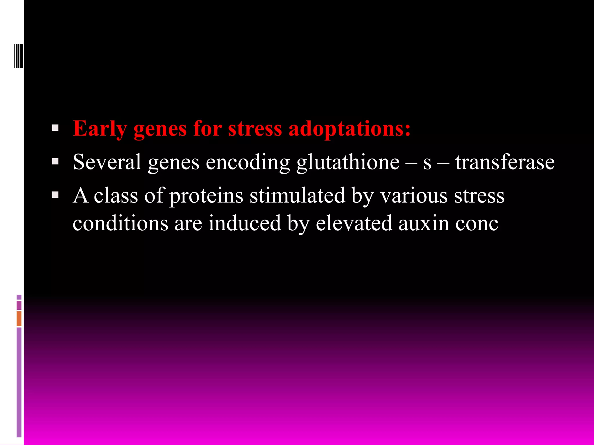  Early genes for stress adoptations:
 Several genes encoding glutathione – s – transferase
 A class of proteins stimulated by various stress
conditions are induced by elevated auxin conc
 