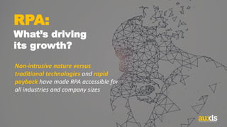 RPA:
What’s driving
its growth?
Non-intrusive nature versus
traditional technologies and rapid
payback have made RPA accessible for
all industries and company sizes
 