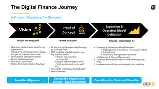 22The Digital Finance Journey
A Proven Roadmap for Success
Executive Alignment
Getting the Organization
Excited – Build Momentum
Operationalize, Scale and Monetize
What’s the end goal?
• What does digital finance mean for my
organization?
• What are the key tools and technologies
that get me to where I want to be?
• Where are the best opportunities?
• What is the business case?
• How should I prioritize?
• What is the Implementation Roadmap?
Where do I start?
• Picking the right process and technology
to prove the value
• POC candidate selected based on your
key business drivers:
• Highest cost reduction
opportunity?
• Biggest operational pain point?
• Most predominant control gap?
• Etc.
• Proving the technology into production
• Lessons learned
How do I industrialize it?
• Operating & Governance Model Definition
• Building Center of Excellence – In-house vs. Hybrid
• SLA Definition
• Performance Management Framework
• Job Redesign & Change Management
• Expansion to more processes for same technology (e.g.
RPA)
• Implementation of other technologies in the roadmap
Proof of
Concept
Expansion &
Operating Model
Definition
Vision
 