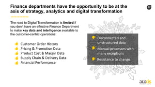 12Finance departments have the opportunity to be at the
axis of strategy, analytics and digital transformation
The road to Digital Transformation is limited if
you don’t have an effective Finance Department
to make key data and intelligence available to
the customer-centric operations:
• Customer Order History
• Pricing & Promotion Data
• Product Cost & Margin Data
• Supply Chain & Delivery Data
• Financial Performance
Disconnected and
unstructured data
Manual processes with
many exceptions
Resistance to change
 