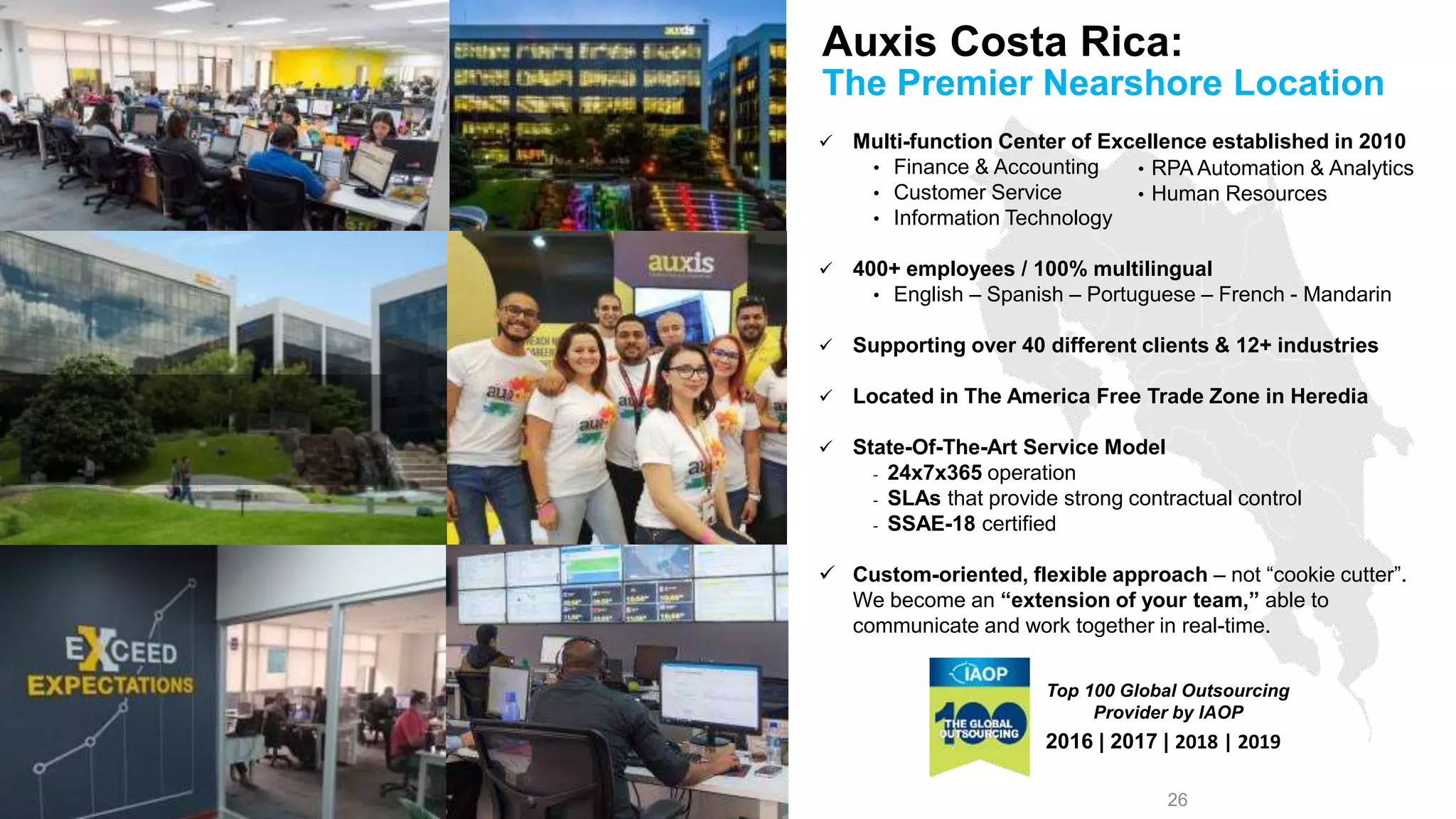 Confidential & Proprietary 26
26© 2017 Auxis – Confidential & Proprietary
 Multi-function Center of Excellence established in 2010
• Finance & Accounting
• Customer Service
• Information Technology
 400+ employees / 100% multilingual
• English – Spanish – Portuguese – French - Mandarin
 Supporting over 40 different clients & 12+ industries
 Located in The America Free Trade Zone in Heredia
 State-Of-The-Art Service Model
- 24x7x365 operation
- SLAs that provide strong contractual control
- SSAE-18 certified
 Custom-oriented, flexible approach – not “cookie cutter”.
We become an “extension of your team,” able to
communicate and work together in real-time.
2016 | 2017 | 2018 | 2019
Top 100 Global Outsourcing
Provider by IAOP
26
The Premier Nearshore Location
Auxis Costa Rica:
• RPA Automation & Analytics
• Human Resources
 