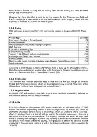 shipbuilding in Russia but they will be starting from almost nothing and they will need
foreign help to achieve this.

However they have identified a need for service vessels for the Shtokman gas field and
Pacific shelf projects; commercial ships and ice-breakers for Artic shipping routes which is
expected to increase 400% over the next 10 years


3.9.1 Policy
USC estimates a requirement for 1400+ commercial vessels in the period to 2020. These
are:

Vessel Type                                                                          Quantity
Icebreakers (Nuclear + Conventional)                                                      24
Research vessels                                                                          27
Offshore Platform-mounted nuclear power plants                                              7
LNG Carriers                                                                              25
Exploration and drilling rigs                                                             54
Supply/Auxiliary vessels                                                                  90
Tankers (> 70,000dwt), bulkers, mulit-purpose                                            230
Passenger and freight ro-ro vessels                                                       30
Fishing vessels                                                                          180
River vessels, mixed river/sea, industrial ships, Russian Federal Supervision            750
Service vessels

According to UKTI Russia is looking for foreign help to build up it’s shipbuilding market.
Rolls Royce has established a sales office in St. Petersburg, Singapore and Korea are on
board and Germans and French have shown interest. (16)


3.9.2 Challenges
The problem that Russian shipyards face is that they are not big enough to produce
80,000 dwt Panamax containers which are the most commonly required. Also many of the
shipyards do not have room to expand due to their location.

3.9.3 Opportunities
As stated, USC will require foreign help to grow their merchant shipbuilding industry so
that they can service their oil and gas interests.


3.10 India

India has a large but disorganised ship repair market with an estimated value of $500
million. The overall shipbuilding market in India is projected to be around $20 billion by
2020 (17). Ship repair consist mainly of small shops which are unable to offer a “one-stop-
shop”. In addition there is a lack of faith or trust in the existing businesses – there is a
perception that they are unprofessional. The shipping ministry has asked all major port
trusts to diversify from being just a port to ship repairing business to increase their revenue
and provide more repair units to the country. They produced a table of the potential market
measured in Rupees crore (crore is a unit in the Indian numbering system equivalent to
107) (18)
 