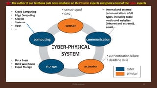 • Internal and external
communications of all
types, including social
media and websites
(intranet and extranet),
email …
• Data Bases
• Data Warehouse
• Cloud Storage
• Cloud Computing
• Edge Computing
• Servers
• Systems
• Apps
• …
Phillip Andrews 38
The author of our textbook puts more emphasis on the Physical aspects and ignores most of the Cyber aspects
 