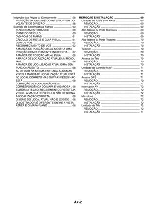 Inspeção das Peças do Componente ................... 58                        REMOÇÃO E INSTALAÇÃO ...................................                      69
  INSPEÇÃO DA UNIDADE DO INTERRUPTOR DO                                         Unidade de Áudio com NAVI .................................                  69
  VOLANTE DE DIREÇÃO ................................... 58                       REMOÇÃO .........................................................          69
Exemplo de Sintomas Não Falhas ........................ 60                        INSTALAÇÃO .....................................................           69
  FUNCIONAMENTO BÁSICO ............................. 60                         Alto-falante da Porta Dianteira ..............................               69
  ÍCONE DO VEÍCULO ........................................ 60                    REMOÇÃO .........................................................          69
  DVD-ROM DE MAPAS ....................................... 61                     INSTALAÇÃO .....................................................           69
  CÁLCULO DE ROTAS E GUIA VISUAL ............ 61                                Alto-falante da Porta Traseira ................................              70
  GUIA DE VOZ .................................................... 62             REMOÇÃO .........................................................          70
  RECONHECIMENTO DE VOZ .......................... 62                             INSTALAÇÃO .....................................................           70
  A MARCA DE POSIÇÃO ATUAL MOSTRA UMA                                           Tweeter ..................................................................   70
  POSIÇÃO COMPLETAMENTE INCORRETA .... 67                                         REMOÇÃO .........................................................          70
  A MARCA DE POSIÇÃO ATUAL PULA ............. 68                                  INSTALAÇÃO .....................................................           70
  A MARCA DE LOCALIZAÇÃO ATUAL É UM RIO OU                                      Antena do Teto ......................................................        70
  MAR ................................................................... 68      REMOÇÃO .........................................................          70
  A MARCA DE LOCALIZAÇÃO ATUAL GIRA SEM                                           INSTALAÇÃO .....................................................           70
  FUNCIONAMENTO ........................................... 68                  Unidade de Controle NAVI ....................................                71
  AO DIRIGIR NA MESMA ESTRADA, ALGUMAS                                            REMOÇÃO .........................................................          71
  VEZES A MARCA DE LOCALIZAÇÃO ATUAL ESTÁ                                         INSTALAÇÃO .....................................................           71
  NO LOCAL CORRETO MAS OUTRAS VEZES NÃO                                         Antena GPS ..........................................................        71
  ESTÁ .................................................................. 68      REMOÇÃO .........................................................          70
  CORREÇÃO DE LOCALIZAÇÃO PELA                                                    INSTALAÇÃO .....................................................           71
  CORRESPONDÊNCIA DO MAPA É VAGAROSA . 68                                       Interruptor AV ........................................................      72
  EMBORA A TELA DE RECEBIMENTO GPS ESTEJA                                         REMOÇÃO .........................................................          72
  VERDE, A MARCA DO VEÍCULO NÃO RETORNA                                           INSTALAÇÃO .....................................................           72
  À LOCALIZAÇÃO CORRETA ............................ 68                         Microfone ...............................................................    72
  O NOME DO LOCAL ATUAL NÃO É EXIBIDO . 68                                        REMOÇÃO .........................................................          72
  O MOSTRADOR É DIFERENTE ENTRE A VISTA                                           INSTALAÇÃO .....................................................           72
  AÉREA E O MAPA PLANO ................................ 68                      Unidade da Tela ....................................................         72
                                                                                  REMOÇÃO .........................................................          72
                                                                                  INSTALAÇÃO .....................................................           71




                                                                          AV-2
 
