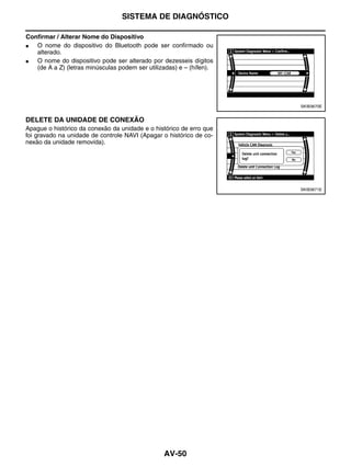 SISTEMA DE DIAGNÓSTICO

Confirmar / Alterar Nome do Dispositivo
●  O nome do dispositivo do Bluetooth pode ser confirmado ou
   alterado.
●  O nome do dispositivo pode ser alterado por dezesseis dígitos
   (de A a Z) (letras minúsculas podem ser utilizadas) e – (hífen).




                                                                      SKIB3670E


DELETE DA UNIDADE DE CONEXÃO
Apague o histórico da conexão da unidade e o histórico de erro que
foi gravado na unidade de controle NAVI (Apagar o histórico de co-
nexão da unidade removida).




                                                                      SKIB3671E




                                                 AV-50
 