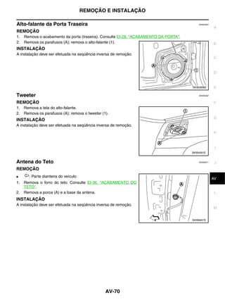 REMOÇÃO E INSTALAÇÃO

Alto-falante da Porta Traseira                                                             EKS00Q6Y
                                                                                                      A
REMOÇÃO
1.   Remova o acabamento da porta (traseira). Consulte EI-28, "ACABAMENTO DA PORTA".
2.   Remova os parafusos (A); remova o alto-falante (1).                                              B
INSTALAÇÃO
A instalação deve ser efetuada na seqüência inversa de remoção.
                                                                                                      C


                                                                                                      D


                                                                                       SKIB3906E      E

Tweeter                                                                                    EKS00Q6Z


REMOÇÃO                                                                                                F
1.   Remova a tela do alto-falante.
2.   Remova os parafusos (A); remova o tweeter (1).
                                                                                                      G
INSTALAÇÃO
A instalação deve ser efetuada na seqüência inversa de remoção.
                                                                                                      H



                                                                                                       I
                                                                                       SKIB4581E


Antena do Teto                                                                             EKS00Q71    J
REMOÇÃO
●      : Parte dianteira do veículo                                                                    K
                                                                                                      AV
1.   Remova o forro do teto. Consulte EI-36, "ACABAMENTO DO
     TETO".
2.   Remova a porca (A) e a base da antena.                                                            L
INSTALAÇÃO
A instalação deve ser efetuada na seqüência inversa de remoção.
                                                                                                      M


                                                                                       SKIB6657E




                                                 AV-70
 