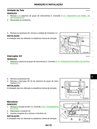 REMOÇÃO E INSTALAÇÃO

Unidade da Tela                                                                              EKS00Q73
                                                                                                        A
REMOÇÃO
1.   Remova o a cobertura do grupo de instrumentos C. Consulte IP-10, "CONJUNTO DO PAINEL DE
     INSTRUMENTOS".
                                                                                                        B
2.   Desconecte os conectores.

                                                                                                        C


                                                                                                        D
3.   Remova os parafusos (A); remova a unidade do mostrador (1).
INSTALAÇÃO
A instalação deve ser efetuada na seqüência inversa de remoção.                                         E



                                                                                                         F


                                                                                                        G
                                                                                         SKIB4586E


Interruptor AV                                                                               EKS00Q75
                                                                                                        H
REMOÇÃO
1.   Remova a cobertura do grupo de instrumentos C. Consulte IP-10, "CONJUNTO DO PAINEL DE INSTRU-
     MENTOS".                                                                                            I


                                                                                                         J



                                                                                                         K
                                                                                                        AV
2.   Remova os parafusos (A).
3.   Remova o interruptor AV (2) da cobertura do grupo de instru-
     mentos C (1).                                                                                       L
INSTALAÇÃO
A instalação deve ser efetuada na seqüência inversa de remoção.
                                                                                                        M




                                                                                         SKIB4587E


Microfone
REMOÇÃO
1.   Remova o console do teto (1). Consulte EI-36, "ACABAMENTO
     DO TETO".
2.   Desconecte o conector (2).
3.   Levante a lingüeta (3) e remova o microfone (4).
INSTALAÇÃO
A instalação deve ser efetuada na seqüência inversa de remoção.
                                                                                         SKIB4589E



                                                AV-72
 