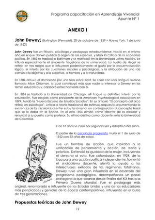 Programa capacitación en Aprendizaje Vivencial
Apunte N° 1
12
ANEXO I
John Dewey; (Burlington (Vermont), 20 de octubre de 1859 – Nueva York, 1 de junio
de 1952)
John Dewey fue un filósofo, psicólogo y pedagogo estadounidense. Nació en el mismo
año en el que Darwin publicó El origen de las especies, y Marx la Crítica de la economía
política. En 1882 se trasladó a Baltimore y se matriculó en la Universidad Johns Hopkins. Le
influyó especialmente el ambiente hegeliano de la universidad. La huella de Hegel se
refleja en tres rasgos que le influyeron poderosamente: el gusto por la esquematización
lógica, el interés por las cuestiones sociales y psicológicas, y la atribución de una raíz
común a lo objetivo y a lo subjetivo, al hombre y a la naturaleza.
En 1884 obtuvo el doctorado por una tesis sobre Kant. Se casó con una antigua alumna
llamada Alice Chipman, la cual contribuyó más que nadie a interesar a Dewey en los
temas educativos y, colaboró estrechamente con él.
En 1884 se trasladó a la Universidad de Chicago, allí fraguó su definitivo interés por la
educación. Fue elegido como presidente de la American Psychoological Association en
1899. Fundó la “Nueva Escuela de Estudios Sociales”. En su artículo “El concepto del arco
reflejo en psicología”, critica la teoría tradicional de estímulo-respuesta argumentando la
existencia de la circularidad entre estos fenómenos en contraposición al concepto lineal
que se le daba en la época. En el año 1904 dimitió como director de la escuela y
renunció a su puesto como profesor. Su último destino como docente sería la Universidad
de Columbia.
Con 87 años se casó por segunda vez y adoptó a dos niños.
El padre de la psicología progresista murió el 1 de junio de
1952 con 92 años de edad.
Fue un hombre de acción, que aspiraba a la
unificación de pensamiento y acción, de teoría y
práctica. Defendió la igualdad de la mujer, incluyendo
el derecho al voto. Fue cofundador, en 1929, de la
Liga para una acción política independiente, fomentó
el sindicalismo docente, alentó la ayuda a los
intelectuales exiliados de los regímenes totalitarios.
Dewey tuvo una gran influencia en el desarrollo del
progresismo pedagógico, desempeñando un papel
protagonista que abarca desde finales del XIX hasta la
Primera Guerra Mundial. Fue el pedagogo más
original, renombrado e influyente de los Estados Unidos y uno de los educadores
más perspicaces y geniales de la época contemporánea, influyendo en el curso
de tres generaciones.
Propuestas teóricas de John Dewey
 