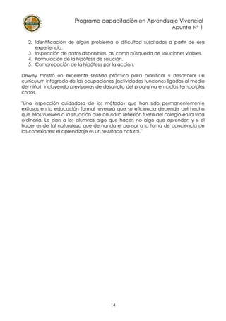 Programa capacitación en Aprendizaje Vivencial
Apunte N° 1
14
2. Identificación de algún problema o dificultad suscitados a partir de esa
experiencia.
3. Inspección de datos disponibles, así como búsqueda de soluciones viables.
4. Formulación de la hipótesis de solución.
5. Comprobación de la hipótesis por la acción.
Dewey mostró un excelente sentido práctico para planificar y desarrollar un
currículum integrado de las ocupaciones (actividades funciones ligadas al medio
del niño), incluyendo previsiones de desarrollo del programa en ciclos temporales
cortos.
"Una inspección cuidadosa de los métodos que han sido permanentemente
exitosos en la educación formal revelará que su eficiencia depende del hecho
que ellos vuelven a la situación que causa la reflexión fuera del colegio en la vida
ordinaria. Le dan a los alumnos algo que hacer, no algo que aprender; y si el
hacer es de tal naturaleza que demanda el pensar o la toma de conciencia de
las conexiones; el aprendizaje es un resultado natural.”
 