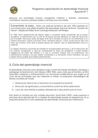 Programa capacitación en Aprendizaje Vivencial
Apunte N° 1
5
personal. Las actividades incluían navegación marítima y terrestre, orientación,
montañismo, rescate y primeros auxilios y servicios a la comunidad.
3. Ciclo del aprendizaje vivencial
El aprendizaje vivencial como disciplina surge a partir del trabajo del filósofo, psicólogo y
pedagogo norteamericano John Dewey (1859-1952), quien creía que el hombre y el niño
aprendían mediante su enfrentamiento con situaciones problemáticas que surgen en el
curso de las actividades que han merecido su interés. La propuesta metodológica de
Dewey constaba de 3 fases:
I. Observación directa de un fenómeno en la experiencia reciente
II. Extracción de significados y conocimientos a partir de dicha observación
III. Juicio de valor referido a posibles utilidades de lo descubierto para el futuro
Esta teoría es tomada por otro notable educador, David Kolb (1939-), quien propone a
principios de la década del 70 un modelo de aprendizaje basado en experiencias. En su
propuesta presenta un ciclo espiralado de aprendizaje compuesto por 4 elementos:
Comentario al paso… Existe una película fantástica del año 1996 inspirada en
una historia real y que refleja el espíritu del aprendizaje vivencial. Se llama “Corazón de
héroes”, dirigida por Ridley Scott y protagonizada por Jeff Bridges.
En 1960, trece adolescentes de diverso origen y condición social, estudiantes de la Ocean
Academy, se embarcaron por un año en el buque escuela Albatross, en viaje de instrucción
por el Caribe. Pero poco antes de llegar al fin de la travesía, el barco se vio enfrentado a un
violento fenómeno natural conocido como "tormenta blanca", como consecuencia del cual
hubo seis muertos, entre ellos la propia esposa del capitán, que se desempeñaba como su
asistente.
La trágica aventura concentró las miradas en el responsable del barco y de la instrucción de
los jóvenes navegantes; a ellos les correspondió la tarea de establecer si había habido
negligencia de parte del capitán o si, por lo contrario, habían sido sus enseñanzas -las
estrictamente navales y las que habían contribuido a su formación como individuos- las que
habían hecho posible que hubiera sobrevivientes.
 