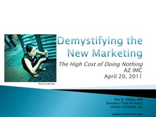 Demystifying the New Marketing The High Cost of Doing Nothing AZ IMC  April 20, 2011 Photo by Mo Riza Ann N. Videan, APR Business-Tribe Architect Videan Unlimited, LLC videanunlimited.com 