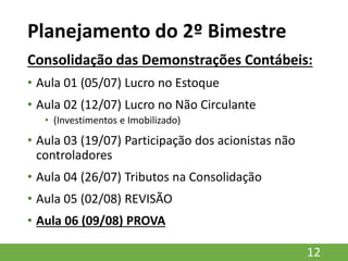 Planejamento do 2º Bimestre
Consolidação das Demonstrações Contábeis:
• Aula 01 (05/07) Lucro no Estoque
• Aula 02 (12/07) Lucro no Não Circulante
• (Investimentos e Imobilizado)
• Aula 03 (19/07) Participação dos acionistas não
controladores
• Aula 04 (26/07) Tributos na Consolidação
• Aula 05 (02/08) REVISÃO
• Aula 06 (09/08) PROVA
12
 