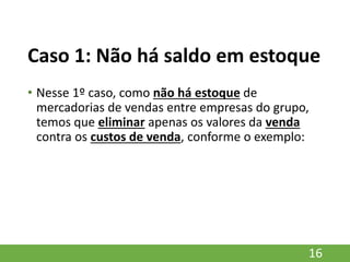 Caso 1: Não há saldo em estoque
• Nesse 1º caso, como não há estoque de
mercadorias de vendas entre empresas do grupo,
temos que eliminar apenas os valores da venda
contra os custos de venda, conforme o exemplo:
16
 