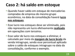 Caso 2: há saldo em estoque
• Quando haver saldo em estoque de mercadorias
compradas de empresa do mesmo grupo
econômico, na data da consolidação haverá lucro
nos estoques.
• Esse lucro nos estoques deve ser eliminado, pois
não representa um lucro efetivamente realizado
em operações com terceiros.
• Esse valor de lucro nos estoques a eliminar, é
calculado por meio da margem de lucro bruto da
venda intragrupo, sendo esse percentual aplicado
sobre o saldo de estoques intragrupo na data da
consolidação, conforme o exemplo.
19
 