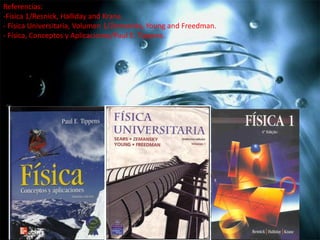 Referencias:
-Física 1/Resnick, Halliday and Krane.
- Física Universitaria, Volumen 1/Zemansky, Young and Freedman.
- Física, Conceptos y Aplicaciones/Paul E. Tippens.

 