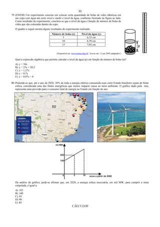 33
79. (ENEM) Um experimento consiste em colocar certa quantidade de bolas de vidro idênticas em
um copo com água até certo nível e medir o nível da água, conforme ilustrado na figura ao lado.
Como resultado do experimento, concluiu-se que o nível da água é função do número de bolas de
vidro que são colocadas dentro do copo.
O quadro a seguir mostra alguns resultados do experimento realizado.
Número de bolas (x) Nível da água (y)
5 6,35 cm
10 6,70 cm
15 7,05 cm
(Disponível em: www.penta.ufrgs.br. Acesso em: 13 jan 2009 (adaptado).)
Qual a expressão algébrica que permite calcular o nível da água (y) em função do número de bolas (x)?
A) y = 30x
B) y = 25x + 20,2
C) y = 1,27x
D) y = 0,7x
E) y = 0,07x + 6
80. Pretende-se que, até o ano de 2020, 30% de toda a energia elétrica consumida num certo Estado brasileiro sejam de fonte
eólica, considerada uma das fontes energéticas que menos impacto causa ao meio ambiente. O gráfico dado pela reta,
representa uma previsão para o consumo total de energia no Estado em função do ano.
Da análise do gráfico, pode-se afirmar que, em 2020, a energia eólica necessária, em mil MW, para cumprir a meta
estipulada, é igual a:
A) 105
B) 100
C) 95
D) 90
E) 85
CÁLCULOS
 
