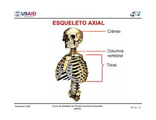 Curso de Asistente de Primeros Auxilios Avanzados
(APAA)
Curso de Asistente de Primeros Auxilios Avanzados
(APAA)
AV 12 - 9
Setiembre 2006 Curso de Asistente de Primeros Auxilios Avanzados
(APAA)
ESQUELETO AXIAL
 