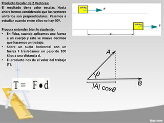 Producto Escalar de 2 Vectores:
El resultado tiene valor escalar. Hasta
ahora hemos considerado que los vectores
unitarios son perpendiculares. Pasamos a
estudiar cuando entre ellos no hay 90º.
Procura entender bien lo siguiente:
• En física, cuando aplicamos una fuerza
a un cuerpo y éste se mueve decimos
que hacemos un trabajo.
• Sobre un suelo horizontal con un
fuerza F trasladamos un peso de 100
kilos a una distancia d.
• El producto nos da el valor del trabajo
(T).

 
