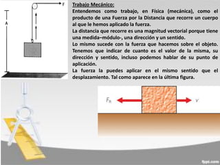 Trabajo Mecánico:
Entendemos como trabajo, en Física (mecánica), como el
producto de una Fuerza por la Distancia que recorre un cuerpo
al que le hemos aplicado la fuerza.
La distancia que recorre es una magnitud vectorial porque tiene
una medida–módulo-, una dirección y un sentido.
Lo mismo sucede con la fuerza que hacemos sobre el objeto.
Tenemos que indicar de cuanto es el valor de la misma, su
dirección y sentido, incluso podemos hablar de su punto de
aplicación.
La fuerza la puedes aplicar en el mismo sentido que el
desplazamiento. Tal como aparece en la última figura.

 